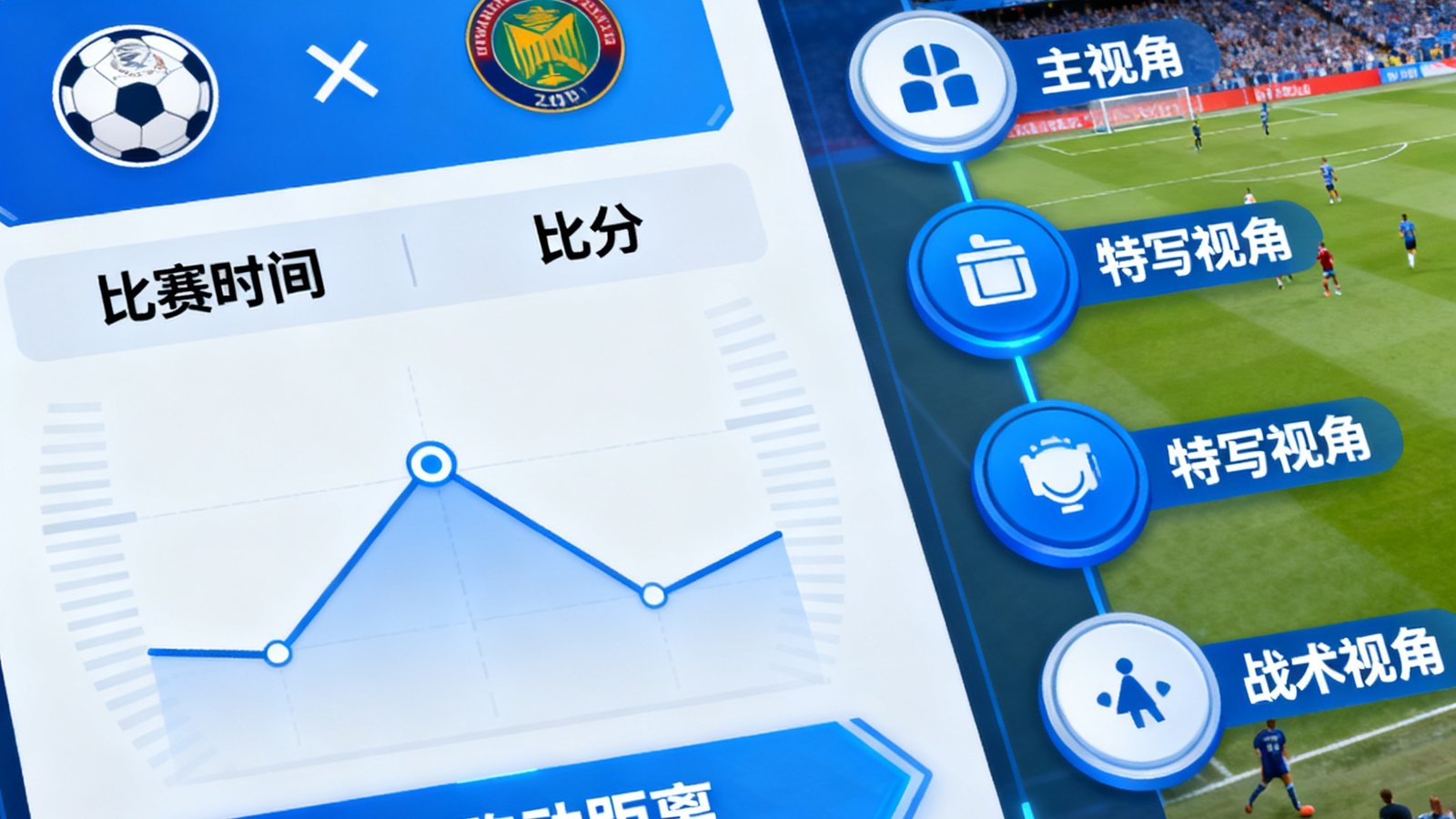 天下足球网高清直播界面，包含实时数据面板和多角度画面切换功能
